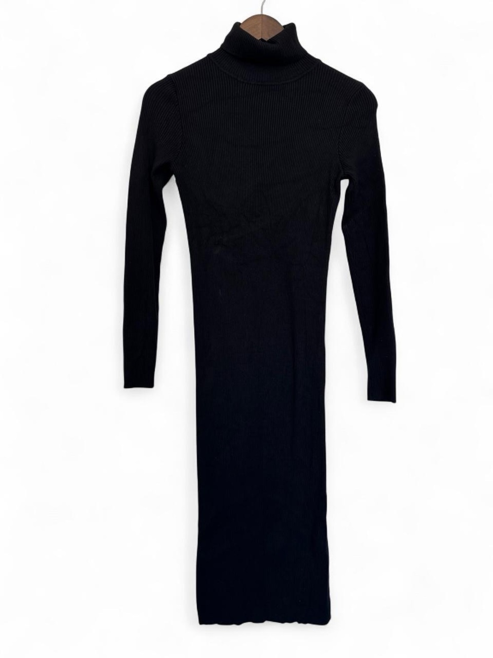 Black Ribbed Knit Turtleneck Midi Dress Staple Minimalist Wardrobe Staple Chic